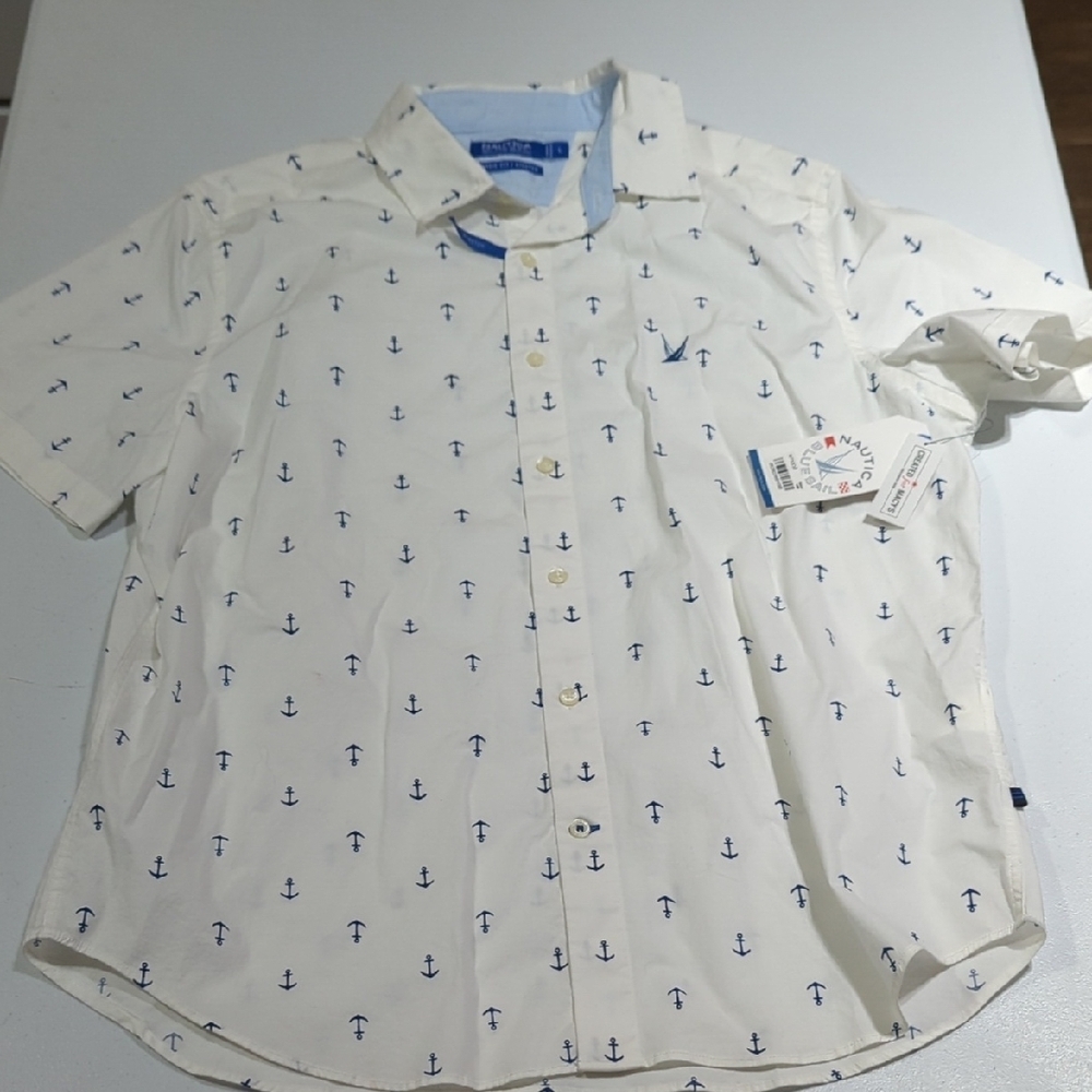 Nautica Men's Casual White Shirt with Blue Anchor Pattern New With Tags....
